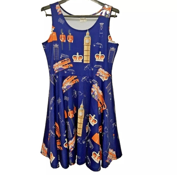 COWCOW London Bus Skater Dress Size 2X Sleeveless Fit & Flare Queen Elizabeth - Picture 2 of 8